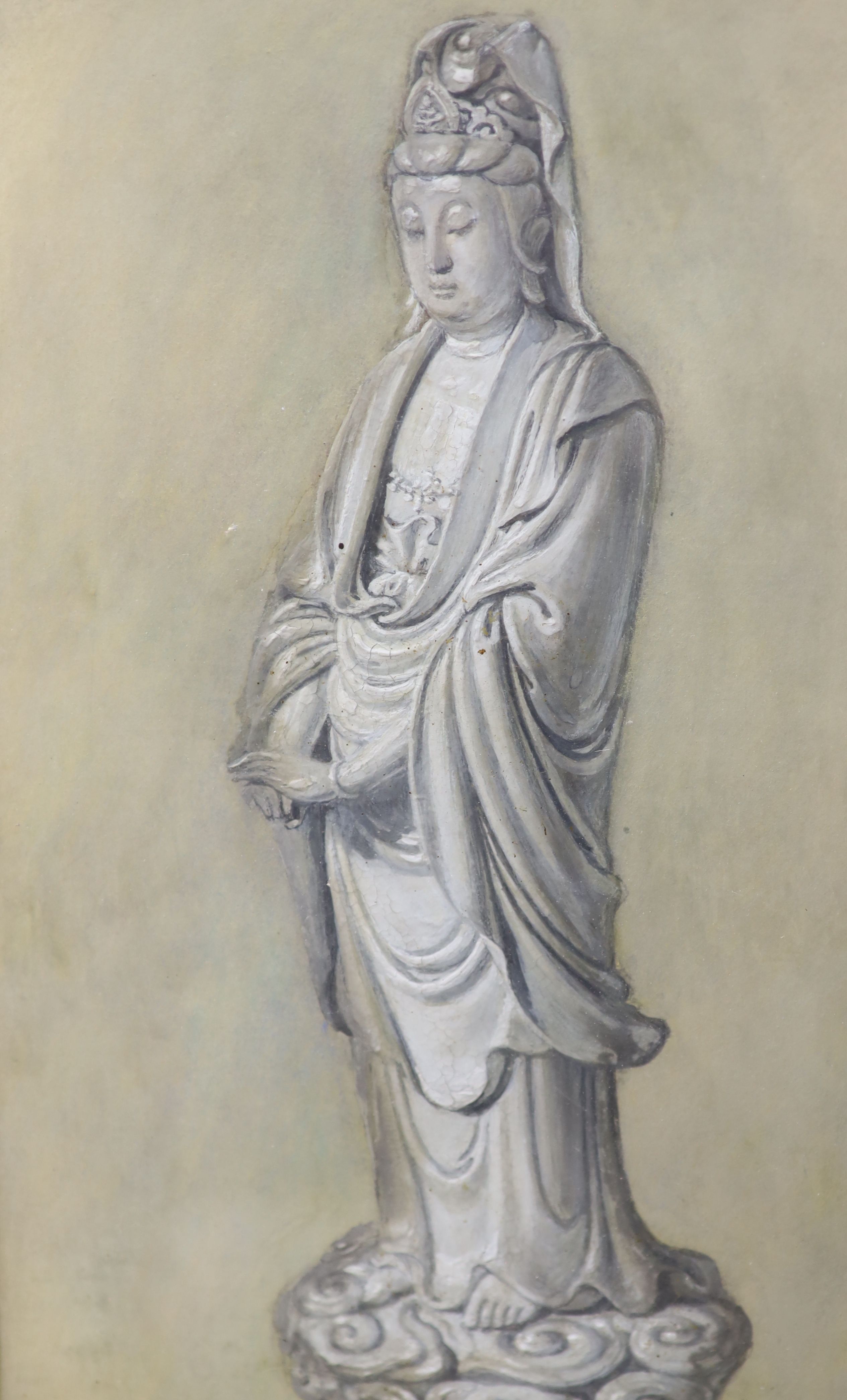 English School, watercolour and gouache, Figure of Guanyin, Salting Collection V & A Museum, 31 x 18cm, J.W. Deadman, watercolour, Sailing ship at sea, signed and dated 1912, 44 x 64cm, a coloured lithograph after Nash,